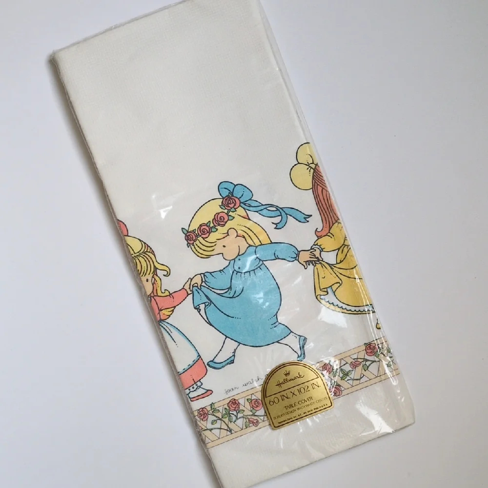 Vintage 1969 Hallmark Floral Dancing Friends Party Tablecloth Joan Walsh Angulnd